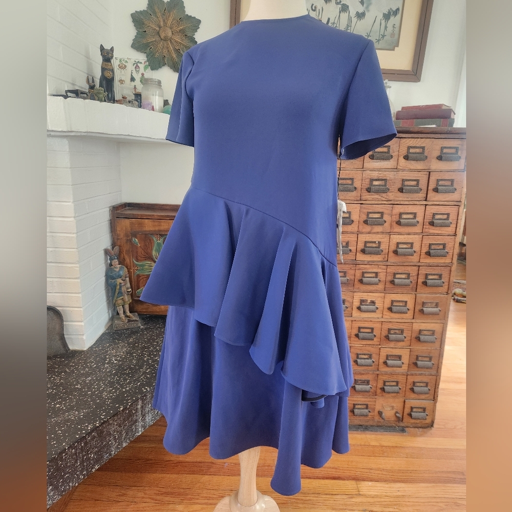 NWT ADEAM Navy Blue Ruffle T Shirt Midi Dress Size XS